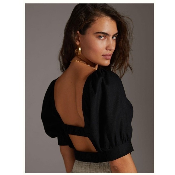 NWT Anthropologie Black Crop Top Puff Sleeve Blouse Criss Cross Open Back Party - Picture 11 of 14